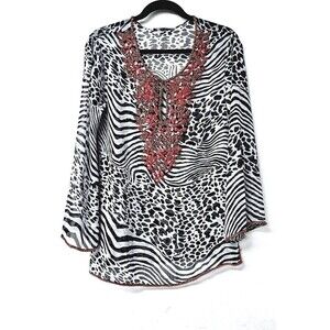 EVA ZISSU Zebra Print Beaded Split Neck Sheer (Limited Edition) Women Shirt (S)